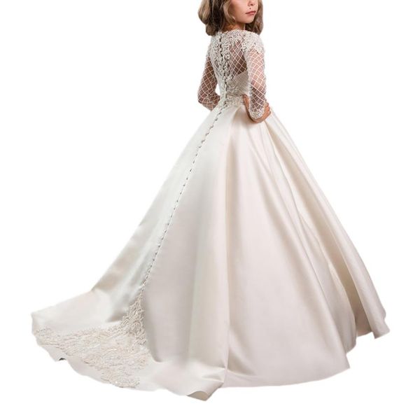 New White Satin Princess White Ball Gown Flower Girl Abiti Prima Comunione Abiti da festa di compleanno Ragazze Pageant Dress For Weddin257l