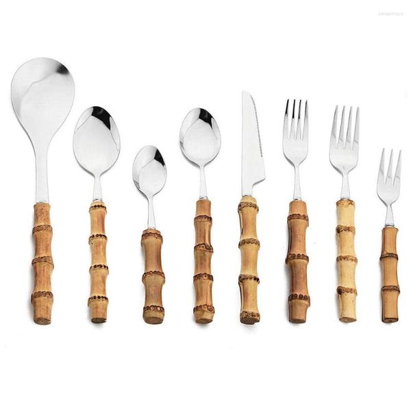 Set di stoviglie Specchio con manico in bambù Acciaio inossidabile 304 Coltello in legno naturale Forchetta Cucchiaio per riso Stoviglie Forchette Posate