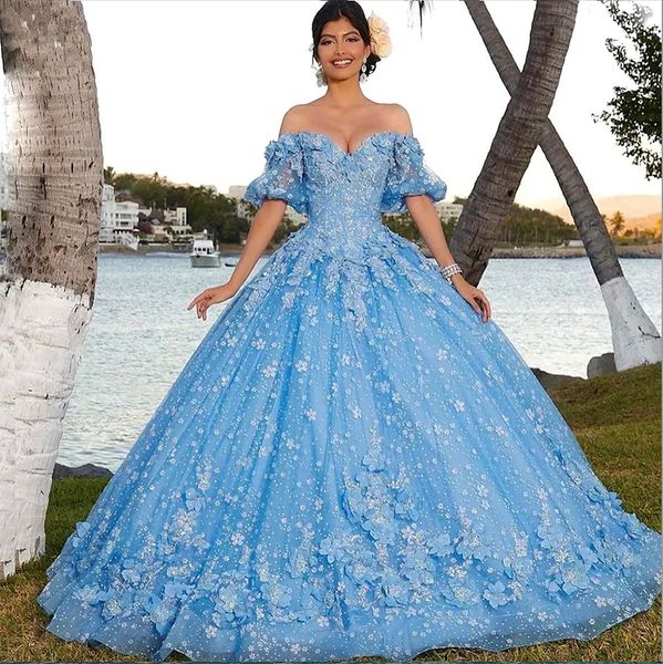 Sparkly Tulle Sky Blue Quinceanera Gillter Prinzessin Schnürung Korset Vestido de Anos süße Kleider Gala