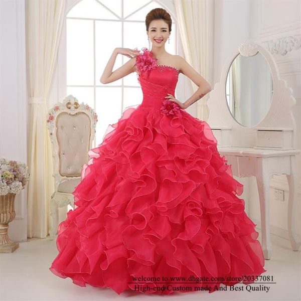 Abiti Quinceanera 2021 Sexy Elegante monospalla Fiori Crystal Party Prom Formal Lace Up Ball Gown Organza Vestidos De 15 Anos265Z