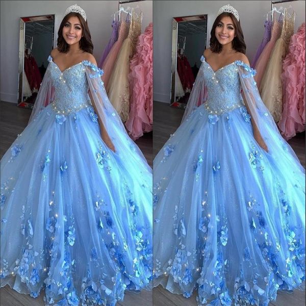 Light Blue New Sweet 16 Abiti Abiti da ballo Fiori fatti a mano Applique di perline Abiti da Quinceanera Abito con impacchi Prom Pageant280N