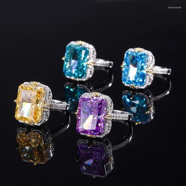 Cluster Rings Lindo 12 16mm Azul Amarelo Roxo Verde Alto Carbono Diamante Prata 925 Original Para Mulheres Presente de Aniversário