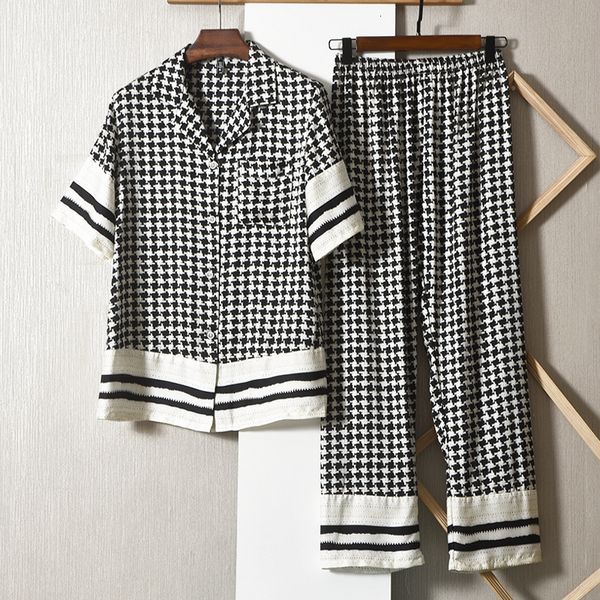 Roupa de dormir feminina Houndstooth 2 peças Conjuntos de pijama com calças Pijama de cetim estampado Roupa de noite de verão Lingerie com botões e lapela Roupa de dormir para dormir 230721