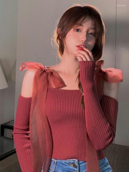 Kadın Sweaters 2023 Sonbahar Seksi Omuz Kapalı Kadınlar Vintage Feating Bow İnce Sueter Mujer Koreli kırpılmış kazak