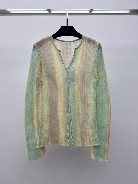 Damenpullover, gestreifter Pullover mit V-Ausschnitt, farbige Diamanten, verzierter Ausschnitt, Schlitz am Saum, lässige Mode, 2023 Sommerstil 0404