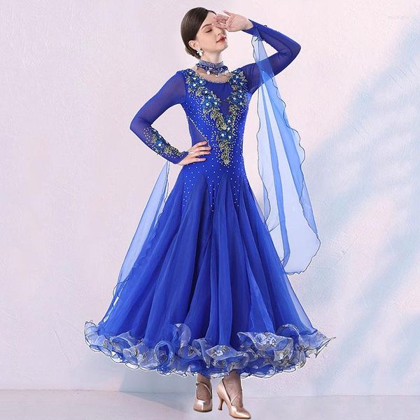 Stage Wear Custom Royal Blue Ballroom Dance Competition Dress Strass Performance da donna Abiti da festa Costumi da valzer moderni lunghi