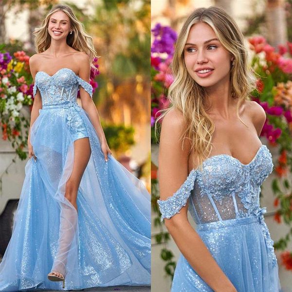 Glamorous Vestidos de Baile Linha A Sweetheart Fora do Ombro Aplicação de Flor 3D Lantejoulas Tule Lateral Alta Dividida Até o Chão Zíper Cu263h