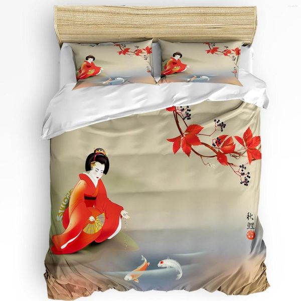 Set di biancheria da letto Geisha giapponese Carpa 3 pezzi Set per camera da letto Letto matrimoniale Tessili per la casa Copripiumino Trapunta Federa