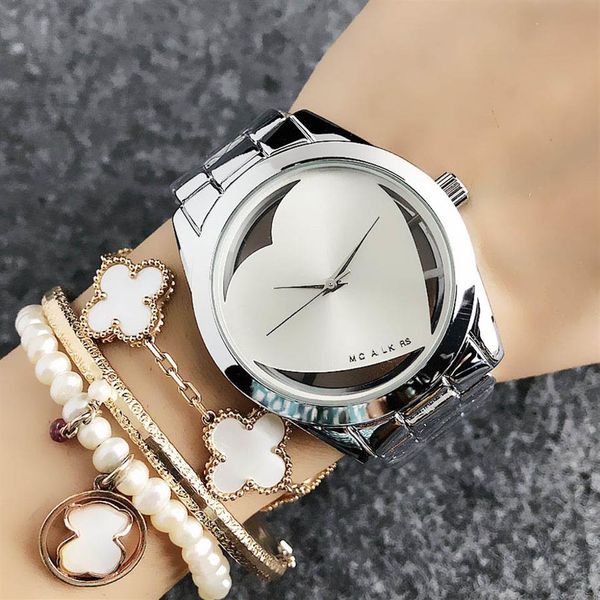 Fashion Top Brand feminino Lady Girl em formato de coração com mostrador oco pulseira de metal aço quartzo relógio de pulso M60214J