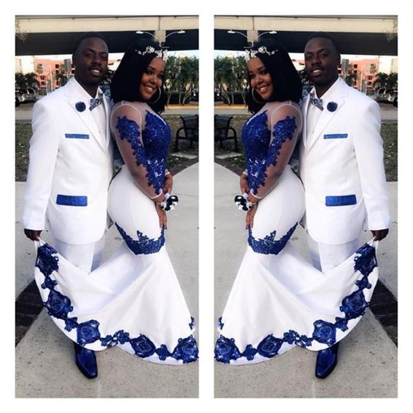 New White Satin Royal Blue Lace Aso Ebi African Prom Dresses Maniche lunghe Illusion Applique Abiti da sera convenzionali Pageant Celebrity1757