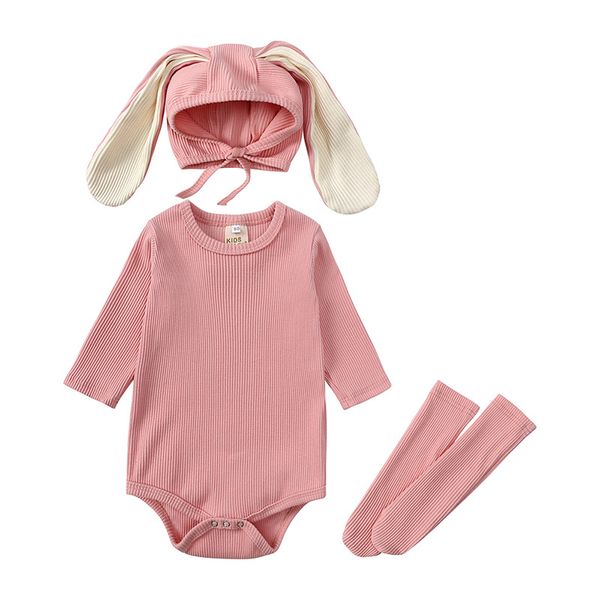 Baby-Strampler, 0–24 Monate, Neugeborenes Mädchen, Strampler, Baumwolle, langärmelig, Overall, Outfit, Kleidung, Herbst, gerippter Body + Kaninchenmütze + Strümpfe, 3-teiliges Outfit