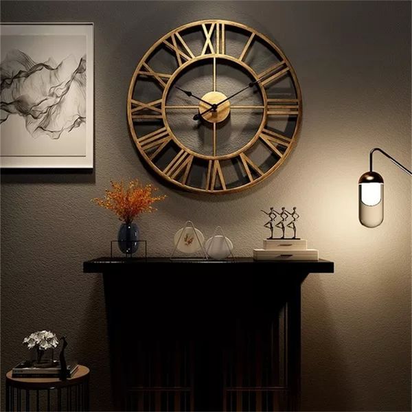 Настенные часы современные 3D большие римские цифры ретро круглый металл Железо Точное тихое скандинавское висящее орнамент Украшение гостиной 230721