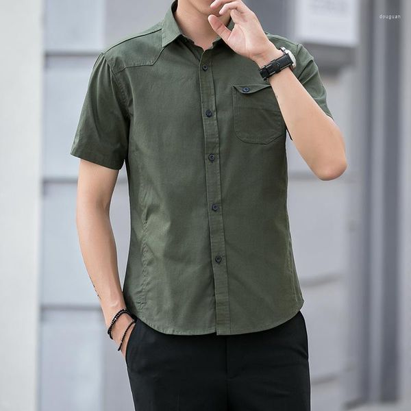 Männer Casual Hemden Sommer Kurzarm Baumwolle Armee Grün Weiß Cargo Arbeit Atmungsaktive Coole Tops Kleidung Plus Größe M-5XL