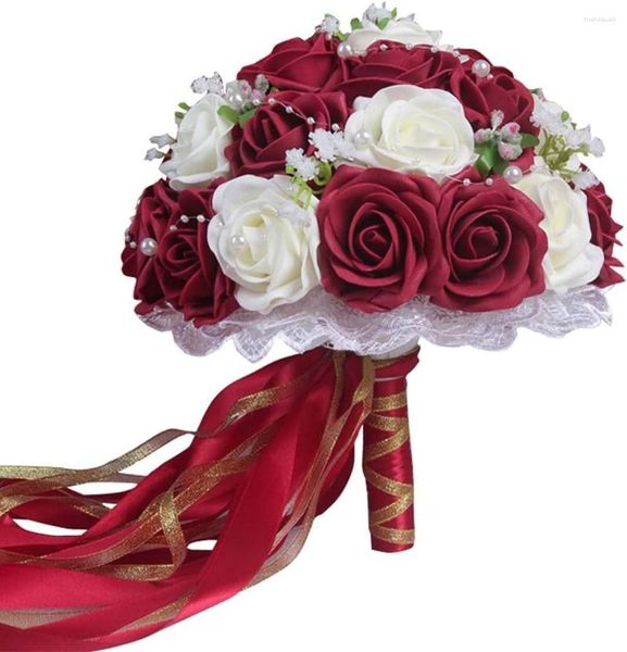 Flores decorativas Rosa artificial com pérolas Acessórios de noiva Buquês de casamento (Borgonha)