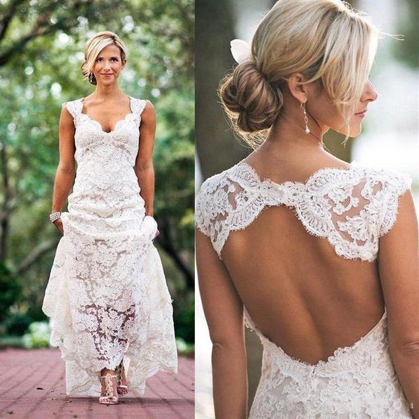 Abiti da sposa in pizzo pieno aperto sul retro Una linea con scollo a V maniche ad aletta Abiti da sposa Abiti da sposa da giardino country di dimensioni personalizzate188Z