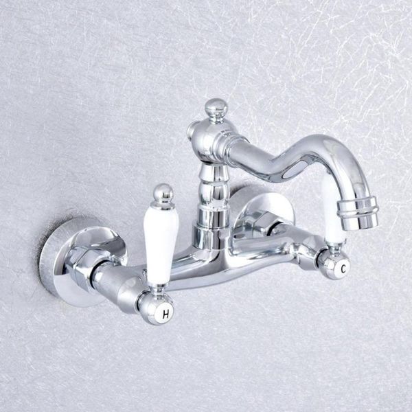 Rubinetti da cucina Ottone cromato Doppio foro per maniglia a parete Bocca girevole per lavabo Rubinetto per lavabo Rubinetti per acqua fredda Dsf774