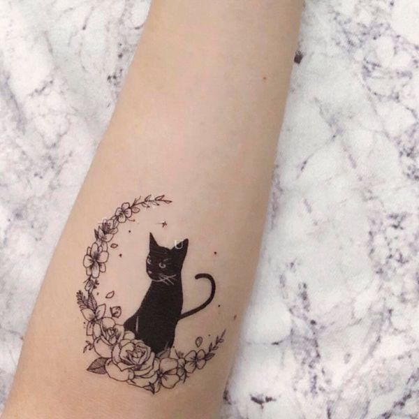 Autoadesivo del tatuaggio temporaneo impermeabile Fiore Luna Black Cat Design Body Art Tatuaggio finto Flash Tattoo Braccio Donna Uomo