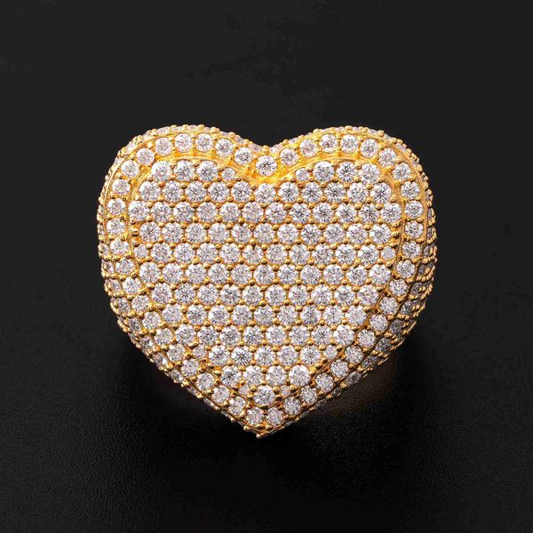 Hiphop Style Gra Certificate Vvs Moissanite Iced Out S925 925 Sterling Silver Gold Plated Fine Fashion Jewelry Heart Rings