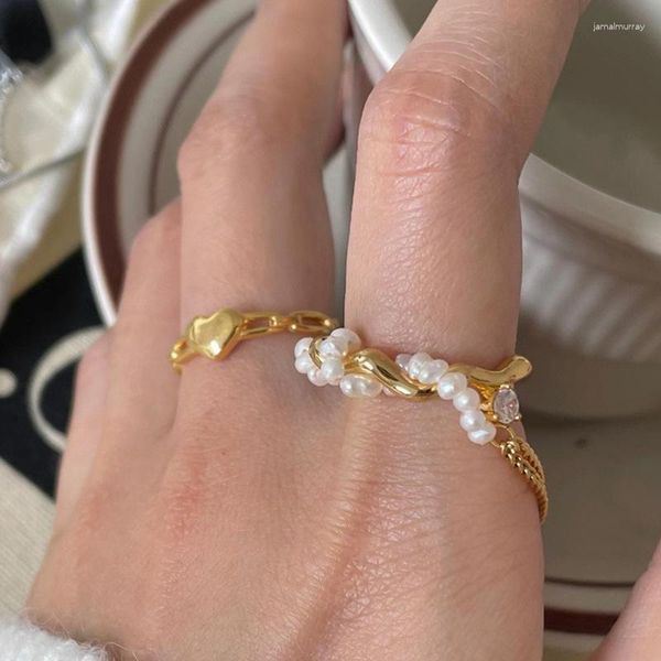 Eheringe ALLME Französische natürliche Süßwasserperle Charme Goldfarbe Metall Unregelmäßige geometrische offene verstellbare Fingerring für Frauen