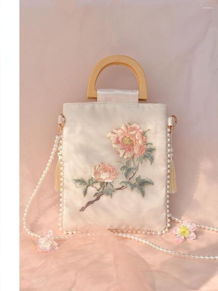 Bolsas de cintura para roupas chinesas e bolsas vintage femininas bordadas à mão com tecido elegante e alça de madeira