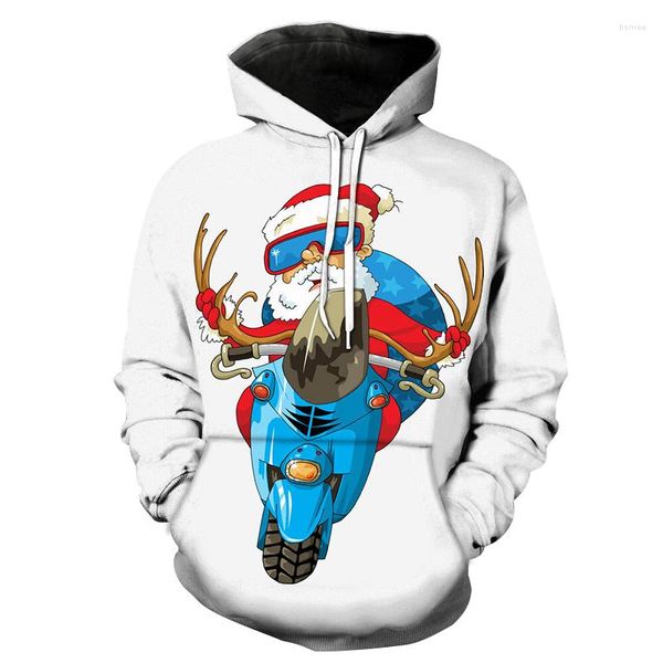 Moletons Masculinos Engraçados Impressão 3D Natal Elk Old Man Riding A Motorcycle Hoodie Latest Men/Women Autumn Leisure Sweatshirt White