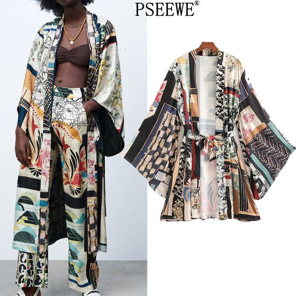 Camicette da donna Camicie Kimono da donna Patchwork Long Woman Kimono Summer Vintage Belt Camicette casual a maniche lunghe da spiaggia in stile giapponese 230721