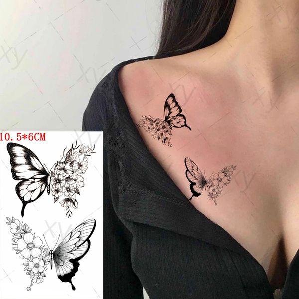 Wasserdichter temporärer Tattoo-Aufkleber, schwarzer Schmetterling, Blatt, kleine Blume, Flash-Tattoo, gefälschte Tattoos für Kinder, Männer, Frauen