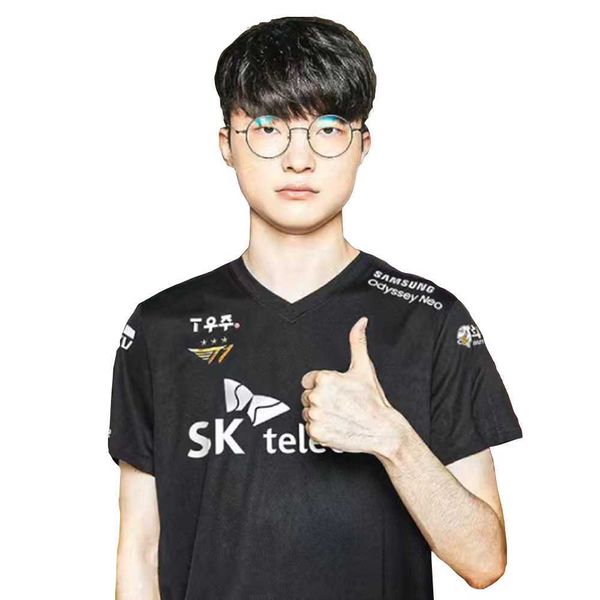 T-shirt da uomo 2023 LOL S12 T1 Maglia nera LCK SKT Faker Keria Zeus Oner Gumayusi Stampa T Shirt Uniform Uomo Donna E-Sport Hombre Top Tees