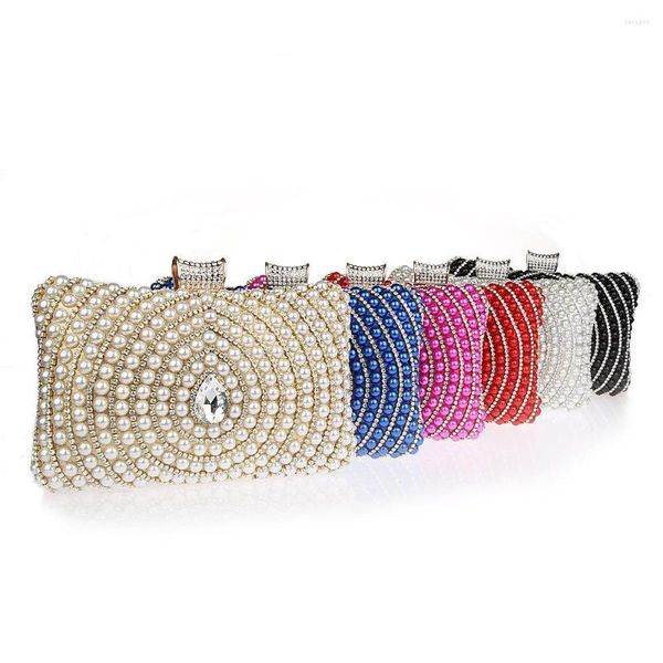 Bolsas de noite Moda Pérolas Clutch Bag Branco Bege Frisado Feminino Bolsa de Ombro Festa de Casamento Diamantes WY187