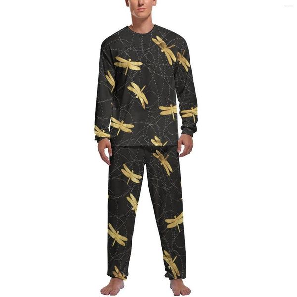 Roupa de dormir masculina pijama libélula dourada inverno 2 peças animal moderno bonito conjunto homem mangas compridas noite roupa de dormir personalizada