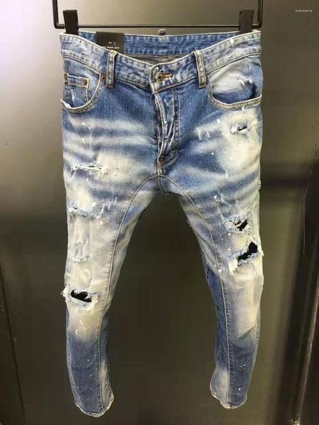 Calça Jeans Masculina Jato de Tinta Rasgada com Rasgo Antigo Riscado Moda Lápis Calça Jeans Caverna A220#