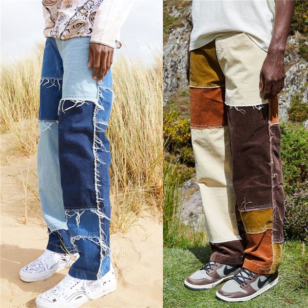 Erkek Kot Bahar Moda Düz Bacak Yıpranmış Patchwork Renk Bloğu Rahat Uygun Denim Pantolon Şık Uzun Pantolon 230721