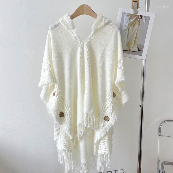 Sciarpe MoriBty Boheimia Poncho lavorato a maglia Sciarpa maglione Donna Nappa di lusso Bottone Mantello con cappuccio Mantelle Primavera Autunno Frange Scialle