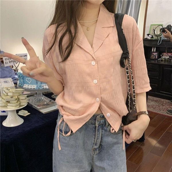 Damenblusen, hohe Qualität, kurzes V-Ausschnitt, plissiertes Stretch-Shirt, Sommerärmel, koreanisches Mode-Top mit Kordelzug