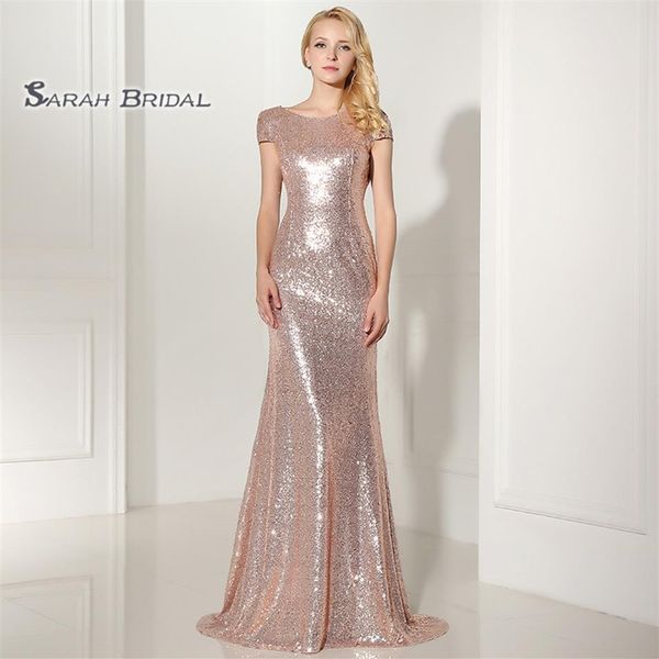 Vinatge русалка Sequined Prom Prames Pramessings Короткие рукава платье подруки невесты без спинки vestidos de festa sexy evence eventer платья 283d