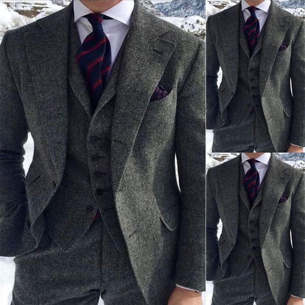 Abiti da uomo in lana grigia a spina di pesce 3 pezzi Tweed Blend Vintage Peaky Blinder Abito da sposo smoking Prom Suit Jacket Pants Vest260b