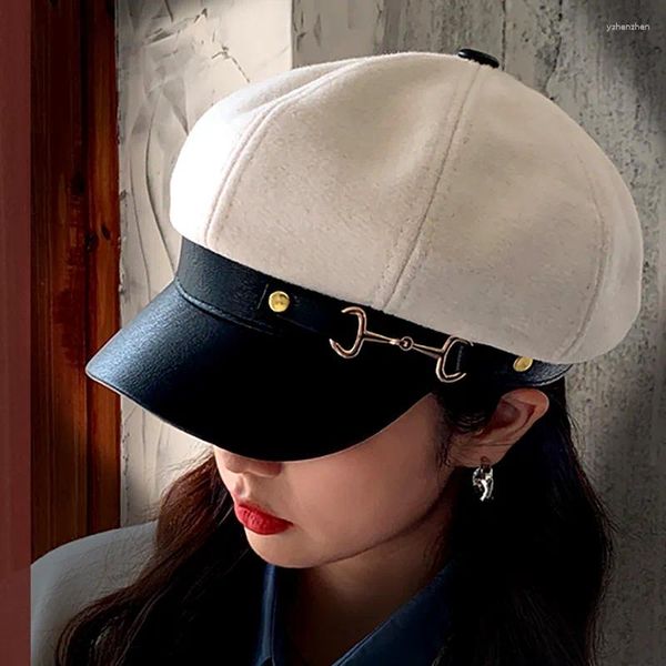 Berretti Donna Inghilterra Vintage PU Fibbia in pelle Berretto con visiera Berretto da esterno Berretti Ragazze Autunno Winer Cappelli Cappello ottagonale Sboy