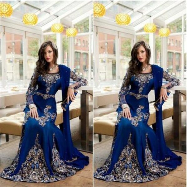 Vestidos de Baile Árabes Muçulmanos de Luxo Azul Royal com Renda Apliques Abaya Dubai Kaftan Longo Plus Size Vestidos de Noite Formais2847