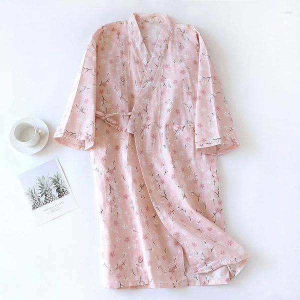 Ropa de dormir para mujer, bata de baño de algodón para verano, bata de Kimono estampada, ropa de sudor holgada para el hogar, lencería íntima acogedora