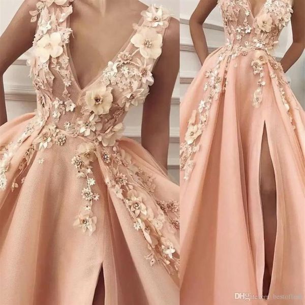 Mais novos vestidos de baile pêssego 2022 decote em V flores feitas à mão 3D fenda lateral tule até o chão vestidos de noite vestidos rosa vestidos femininos B237K