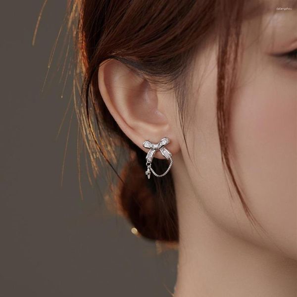 Ohrstecker Südkorea Hohe Qualität Glänzende Exquisite Sternkette Quaste Zirkon Bogen Für Frauen Luxus Charms Durchbohrte Ohrschmuck