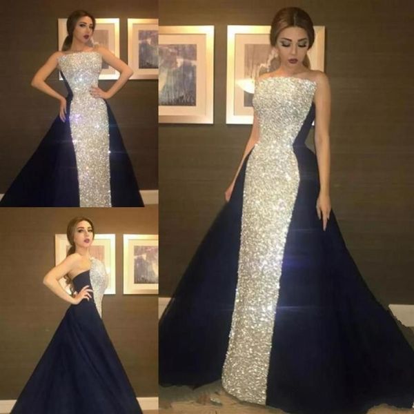 Vestido de noite sem alças brilhante Prateado com lantejoulas e cetim azul marinho Vestidos de noite de celebridades formais Vestidos de tapete vermelho Part188u