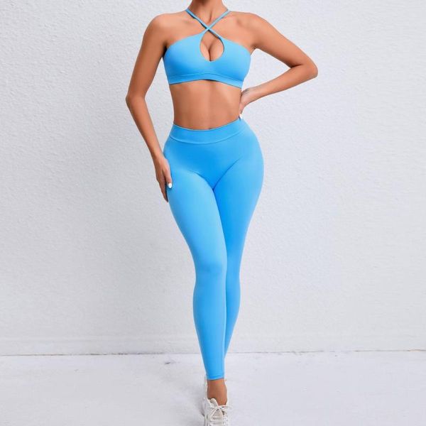 Conjuntos ativos de sutiã esportivo para academia conjunto de leggings feminino Lycra Activewear push up roupas de treino para roupas de ioga terno fitness azul