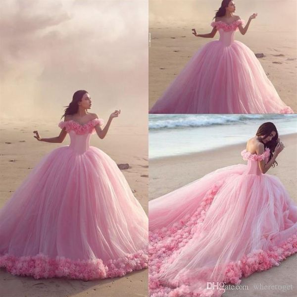 Abiti Quinceanera Abiti da ballo rosa baby Off the Shoulder Corsetto Vendita Sweet 16 Prom Dress con matrimoni floreali fatti a mano Go244y