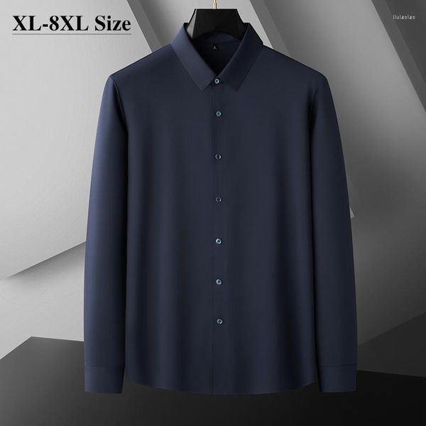 Camisas casuais masculinas plus size 5XL 6XL 7XL Outono manga longa negócios drapeado macio alta elasticidade sólida camisa de casamento vestido de escritório