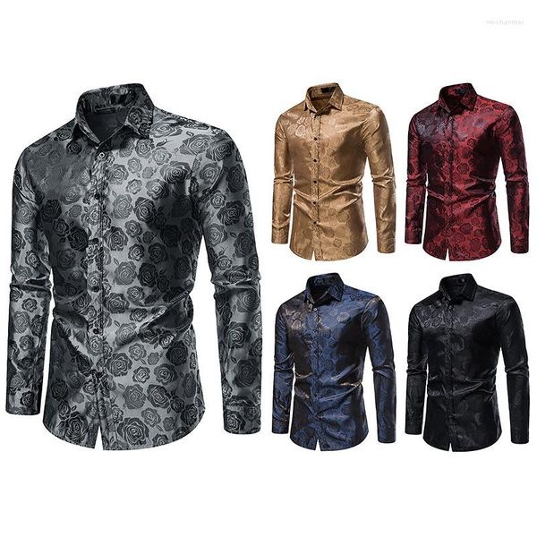 Camisas Casuais Masculinas Vestido Preto Floral 2023 Elegante Manga Longa Steampunk Camisa Masculina Festa Club Bar Social Masculino Chemise Homme