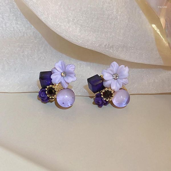 Orecchini alla moda 14 carati placcati oro viola opale fiori di cristallo per le donne ragazza gioielli moda coreana S925 argento ago zircone