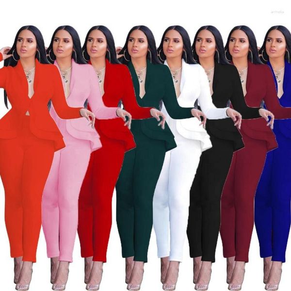 Calças femininas de duas peças 2023 mais recentes babados elegantes camada de ar escritório senhoras terno uniforme sexy casual para mulheres roupas de primavera