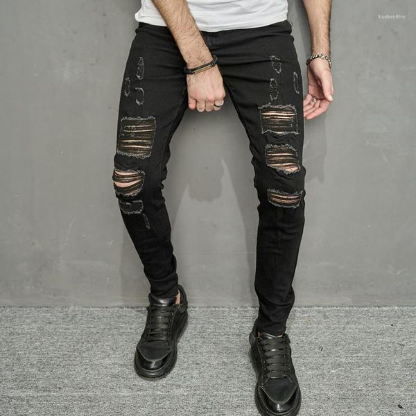 Jeans masculino 2023 streetwear masculino primavera fino lápis lápis elegante masculino rasgado sólido casual buracos calças jeans