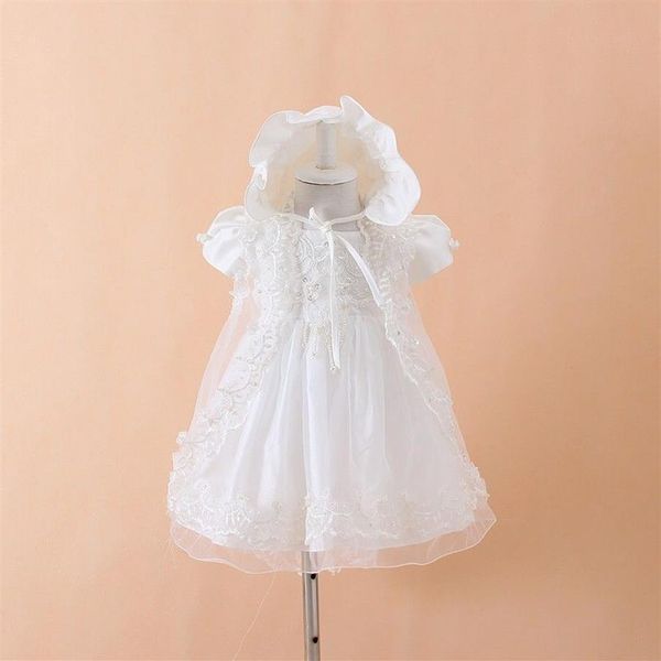 Baby Mädchen Taufkleid Kleider Hut Schal Vestidos Infantis Prinzessin Hochzeit Spitzenkleid für Neugeborene Taufe 3PCS297r